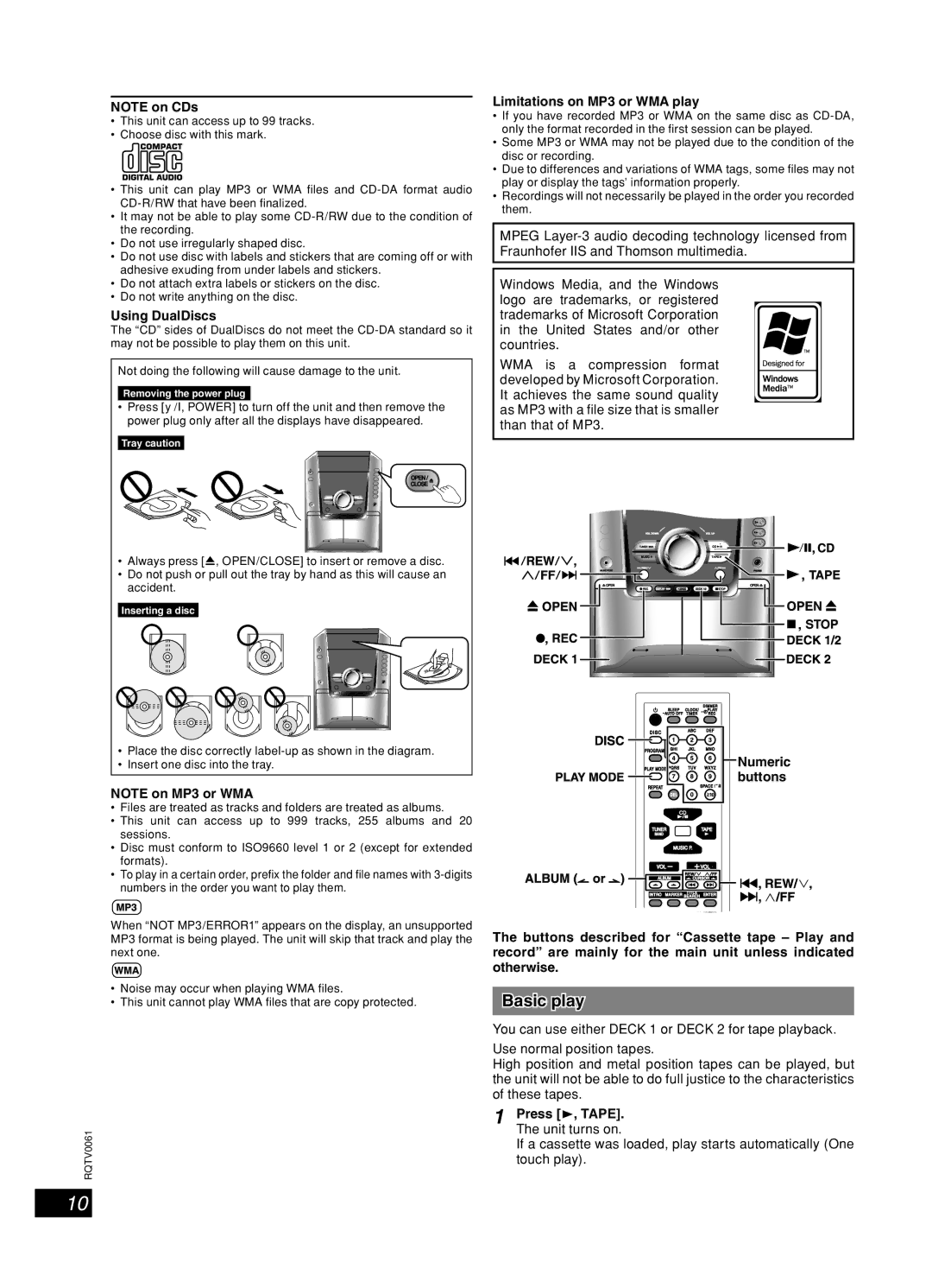 Panasonic SC-AK240, SC-AK343 Cassette tape Play and record, Using DualDiscs, Limitations on MP3 or WMA play, Press 3, Tape 