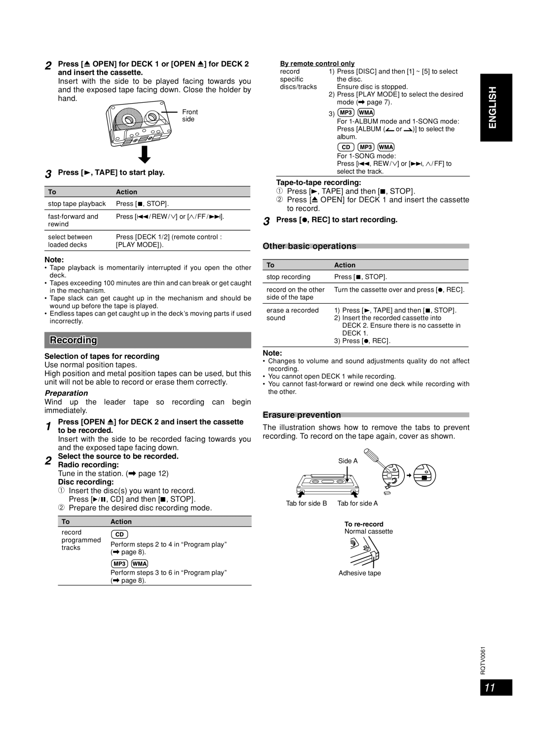 Panasonic SC-AK340, SC-AK343, SC-AK240 important safety instructions Recording, Other basic operations, Erasure prevention 