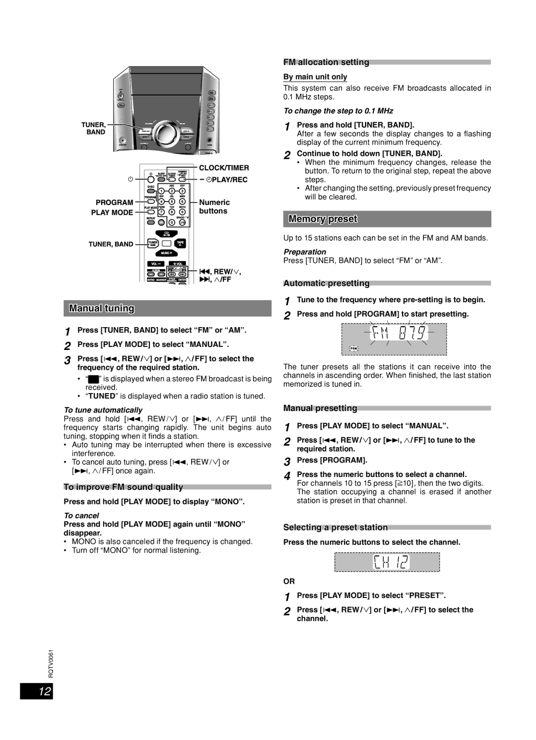 Panasonic SC-AK343, SC-AK240, SC-AK340 important safety instructions Radio, Manual tuning, Memory preset 