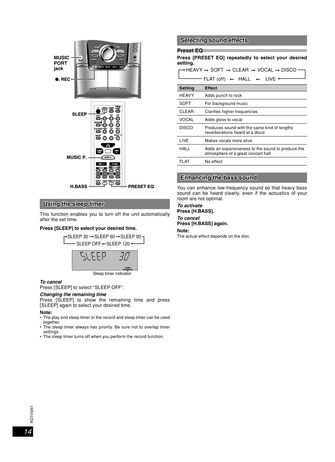 Panasonic SC-AK340 Sound adjustment, Using the sleep timer, Selecting sound effects, Enhancing the bass sound, Preset EQ 