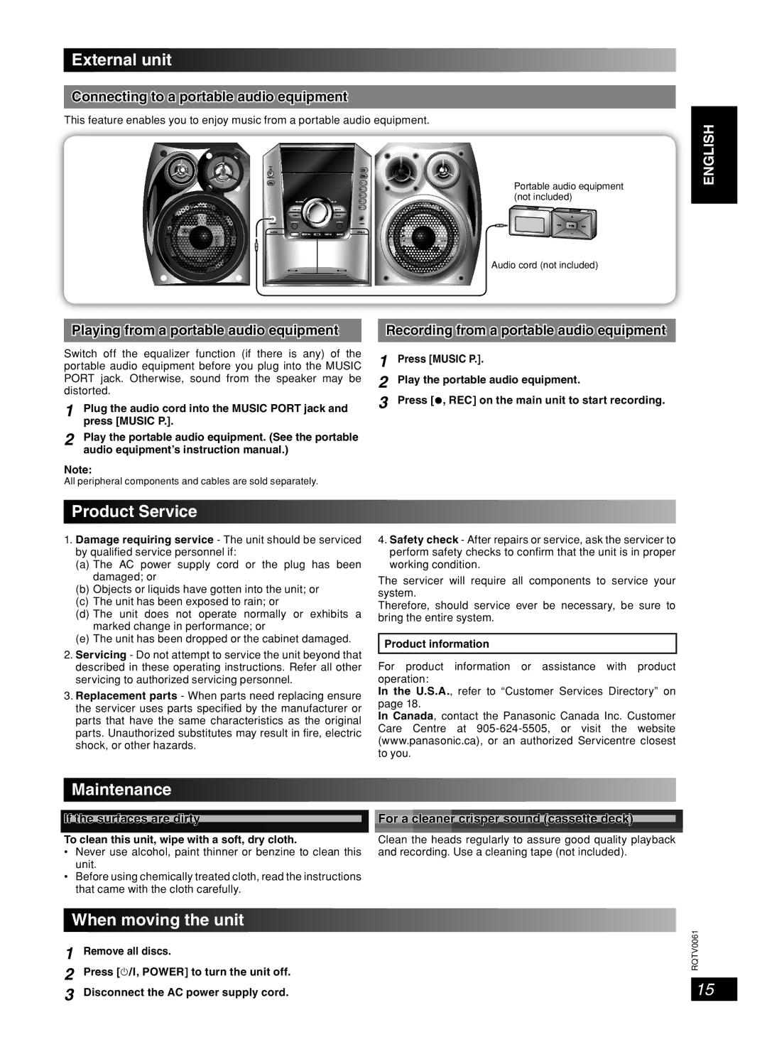 Panasonic SC-AK343, SC-AK240, SC-AK340 External unit, Product Service, Maintenance, When moving the unit 