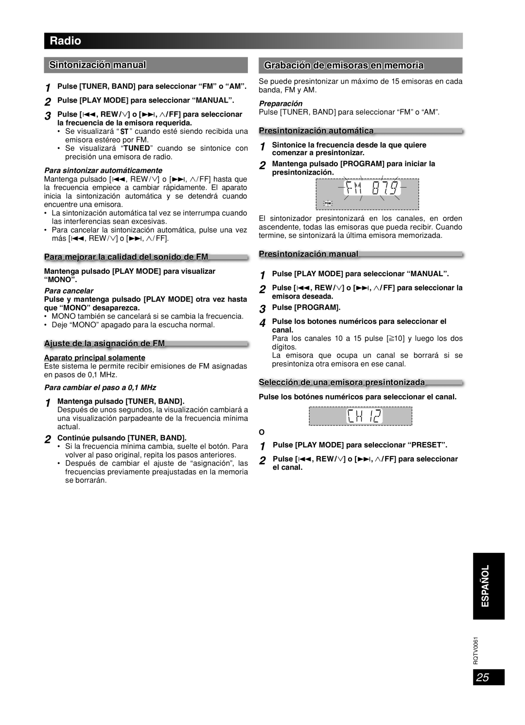 Panasonic SC-AK240, SC-AK343, SC-AK340 important safety instructions Sintonización manual, Grabación de emisoras en memoria 