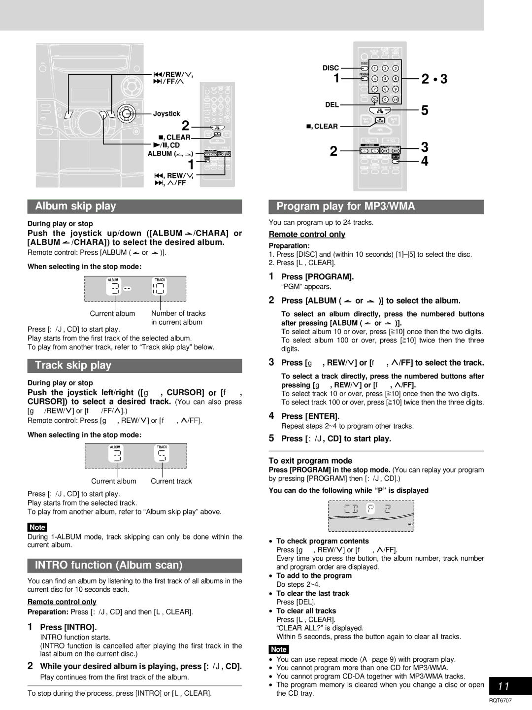 Panasonic SC-AK610, SC-AK403 manual Album skip play, Track skip play, Intro function Album scan, Program play for MP3/WMA 