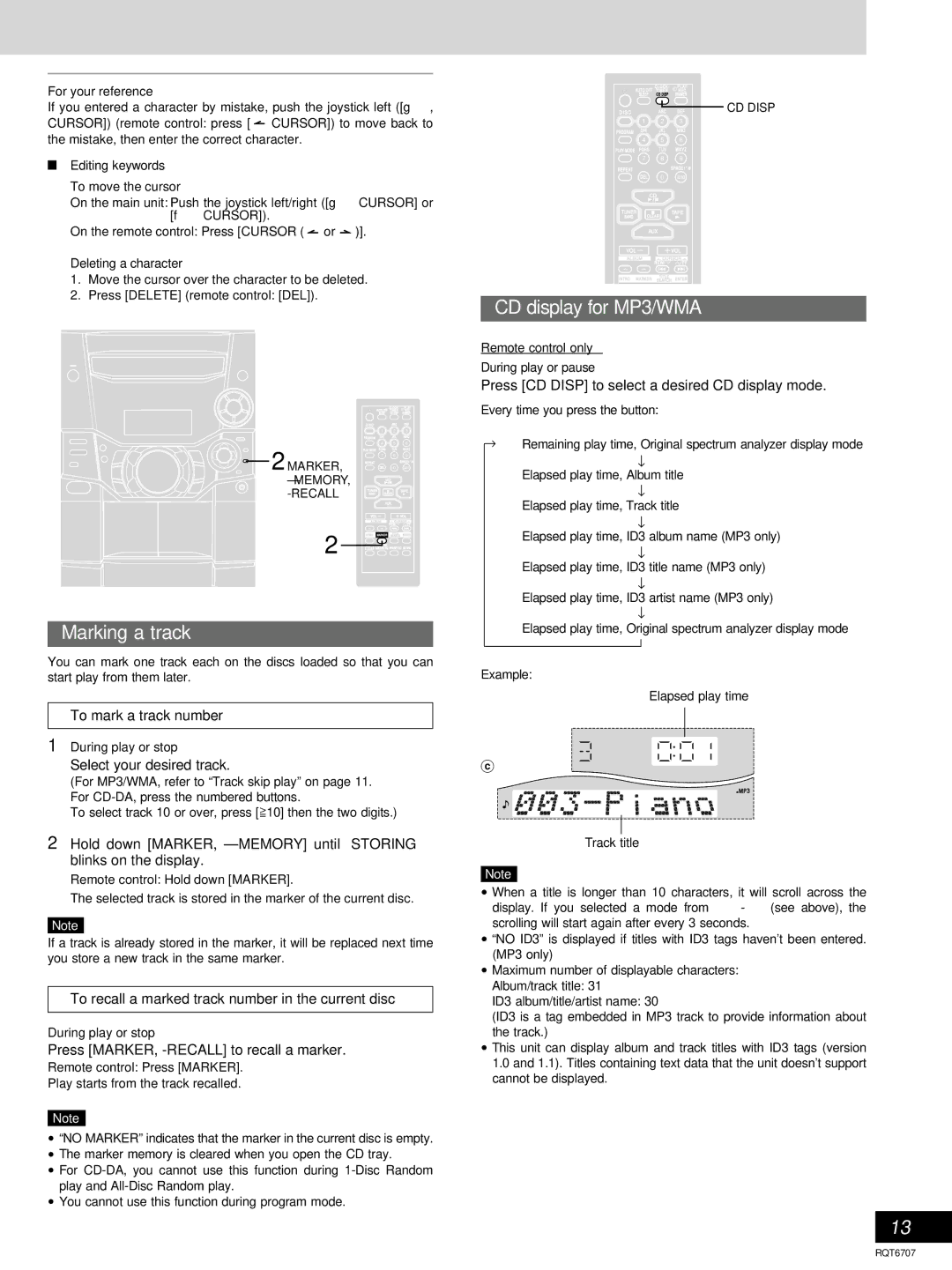 Panasonic SC-AK610, SC-AK403 manual Marking a track, CD display for MP3/WMA 