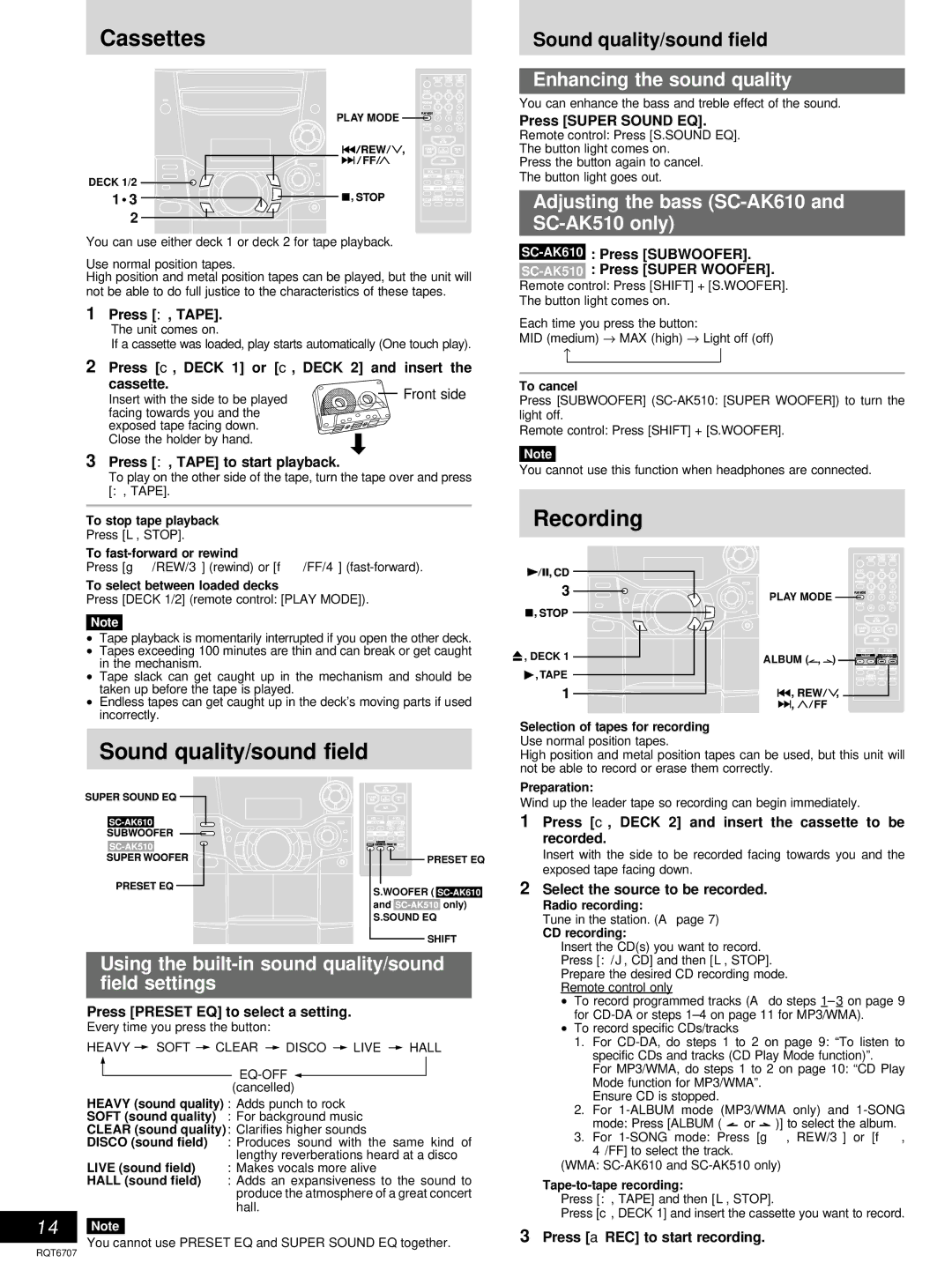 Panasonic SC-AK403, SC-AK610 manual Recording, Sound quality/sound field, Enhancing the sound quality 