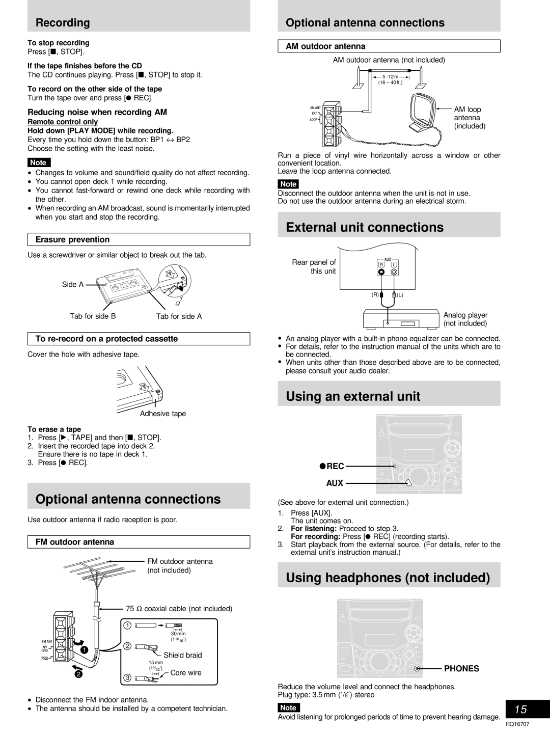 Panasonic SC-AK610, SC-AK403 manual Optional antenna connections, External unit connections, Using an external unit 