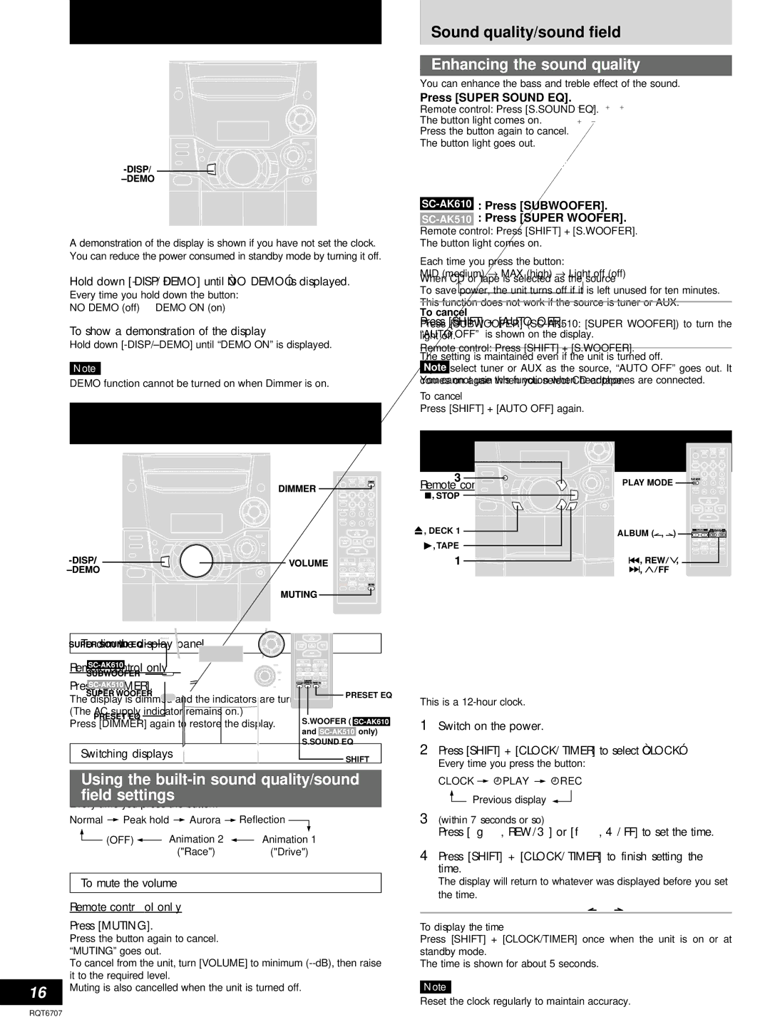 Panasonic SC-AK403, SC-AK610 manual Turning the demo function off, Convenient functions Auto-off function, Setting the time 