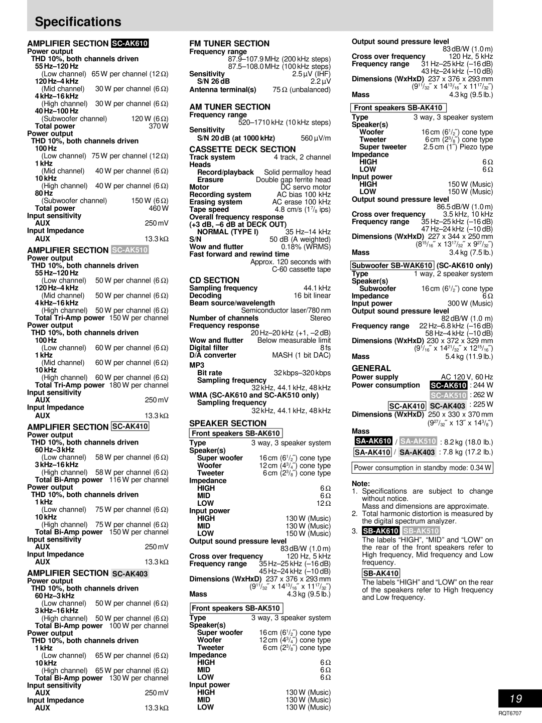 Panasonic SC-AK610, SC-AK403 manual Specifications 