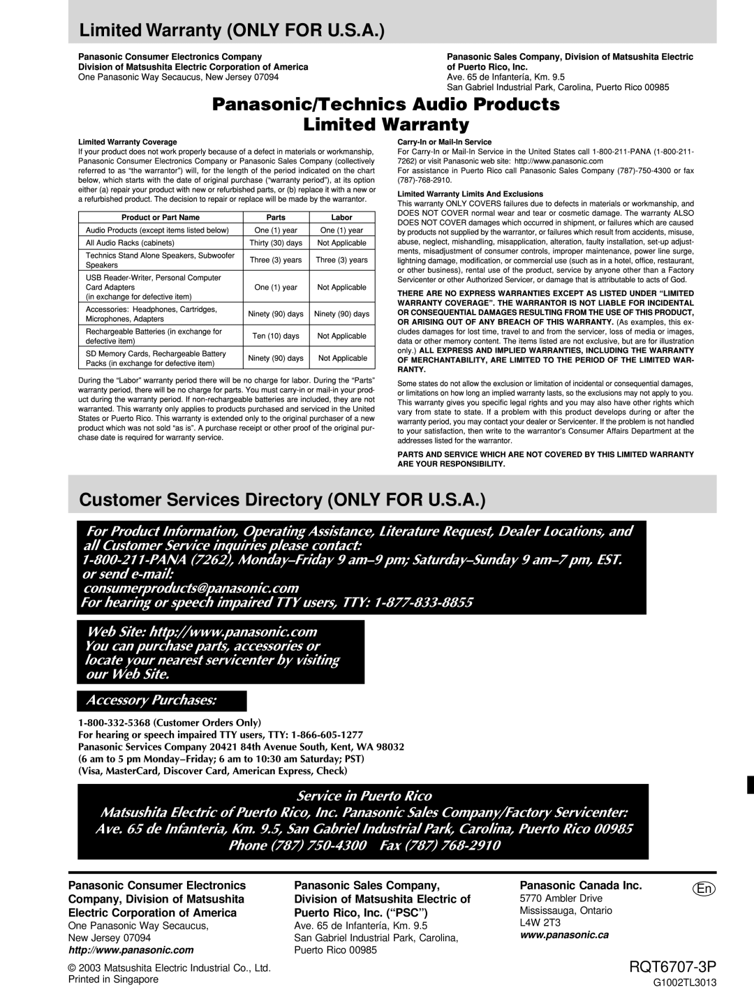 Panasonic SC-AK403, SC-AK610 manual Electric Corporation of America Puerto Rico, Inc. PSC 