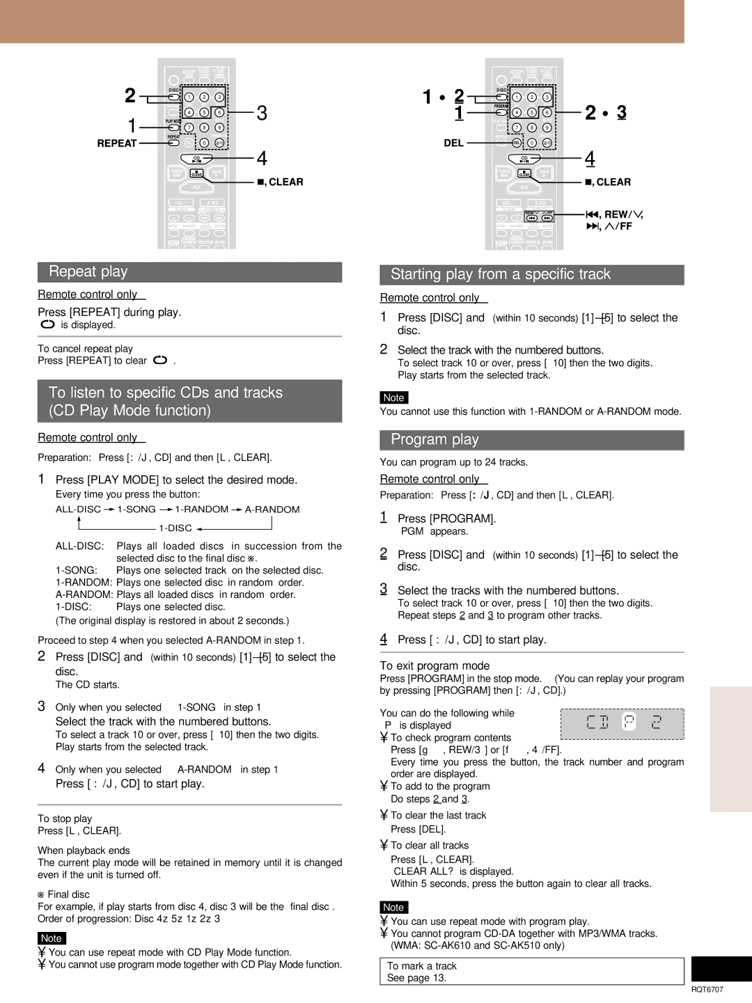 Panasonic SC-AK610, SC-AK403 manual Repeat play, To listen to specific CDs and tracks CD Play Mode function, Program play 