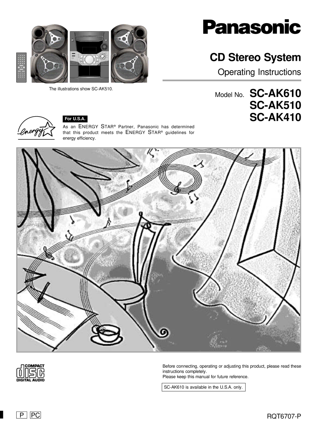 Panasonic SC-AK510, SC-AK410 manual CD Stereo System, For U.S.A 