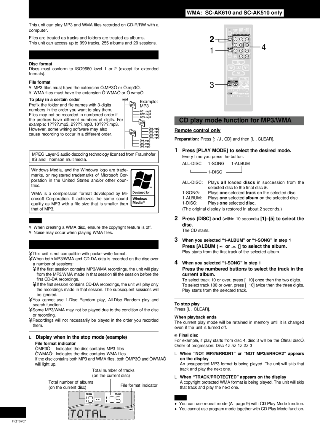 Panasonic SC-AK410, SC-AK510 manual CD play mode function for MP3/WMA, When making MP3/WMA files to play on this unit 