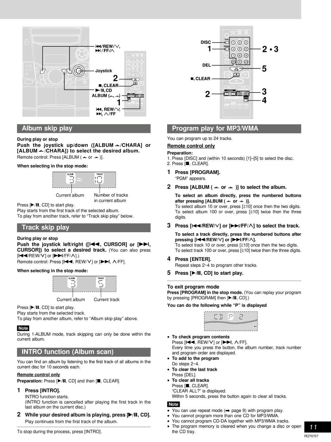 Panasonic SC-AK510, SC-AK410 manual Album skip play, Track skip play, Intro function Album scan, Program play for MP3/WMA 