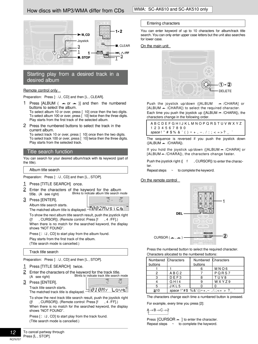 Panasonic SC-AK410, SC-AK510 manual Starting play from a desired track in a desired album, Title search function 