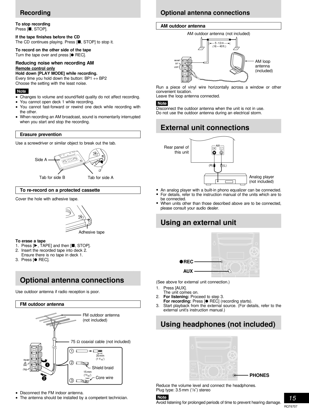 Panasonic SC-AK510, SC-AK410 manual Optional antenna connections, External unit connections, Using an external unit 