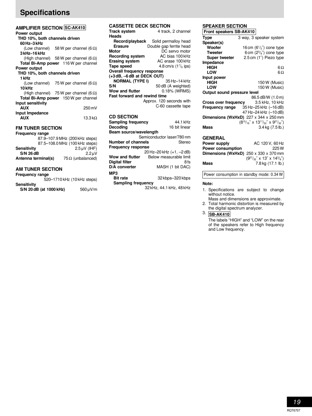 Panasonic SC-AK510, SC-AK410 manual Specifications 