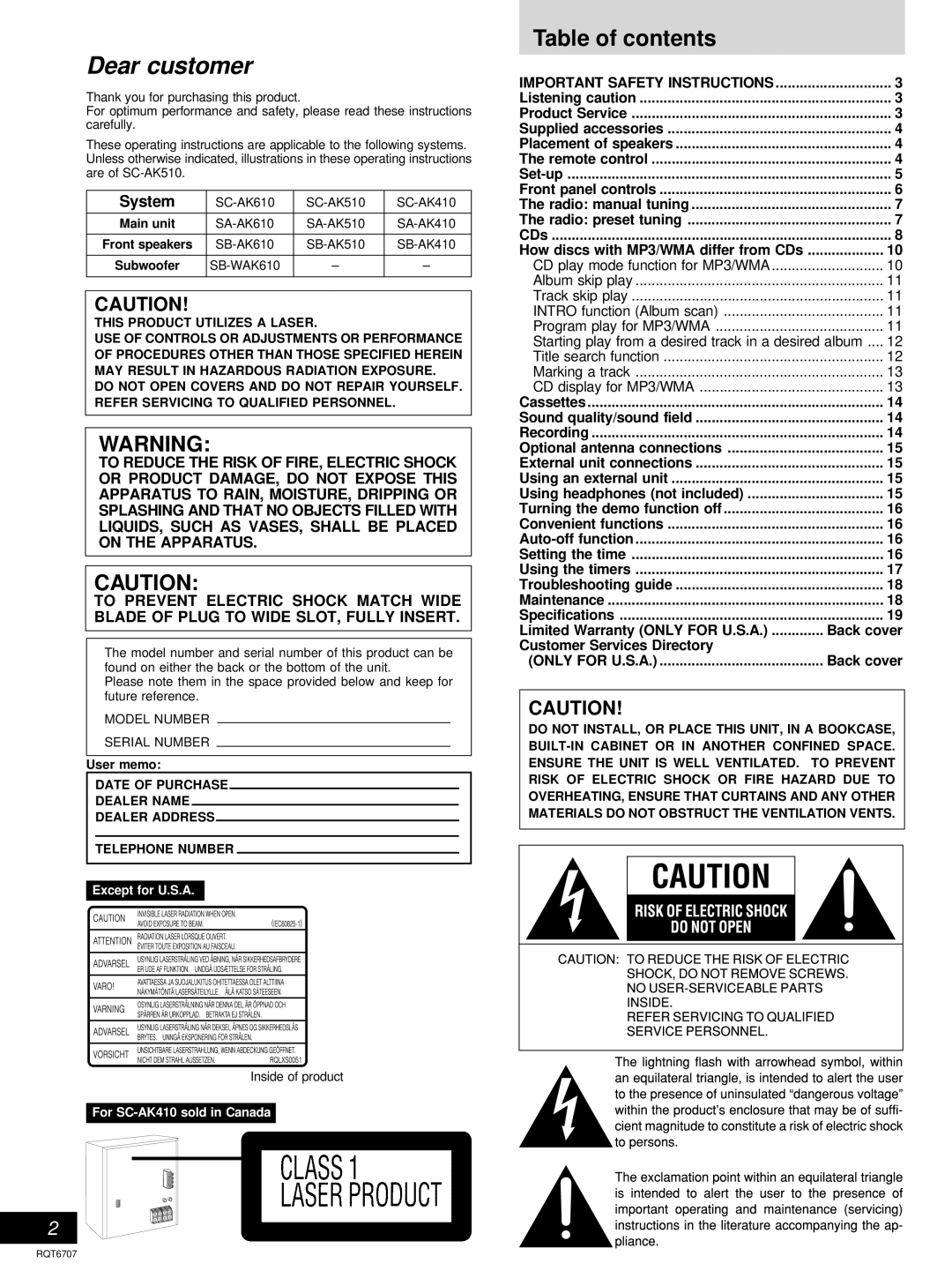 Panasonic SC-AK410, SC-AK510 manual Dear customer, Table of contents 