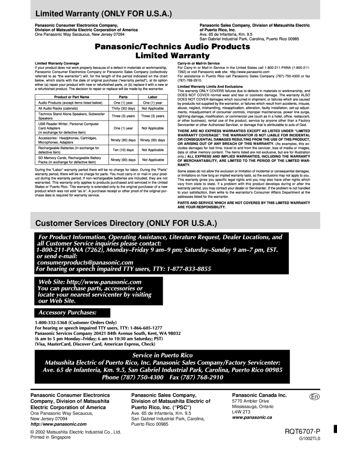 Panasonic SC-AK410, SC-AK510 manual Electric Corporation of America Puerto Rico, Inc. PSC 