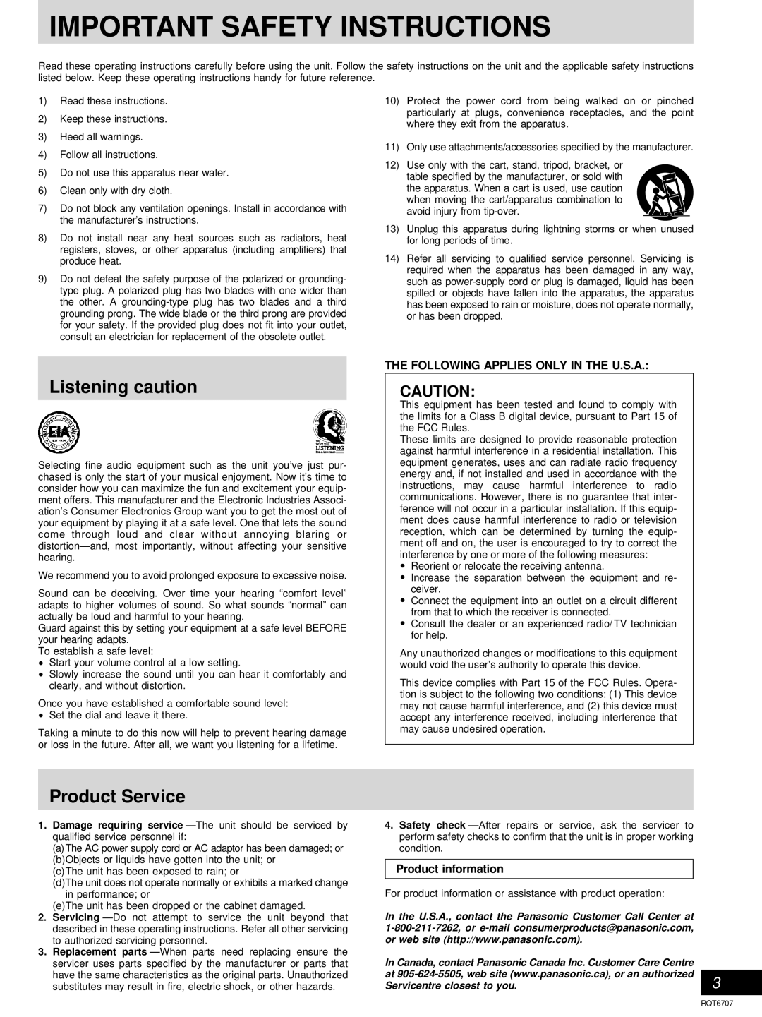 Panasonic SC-AK510, SC-AK410 Listening caution, Product Service, Following Applies only in the U.S.A, Product information 