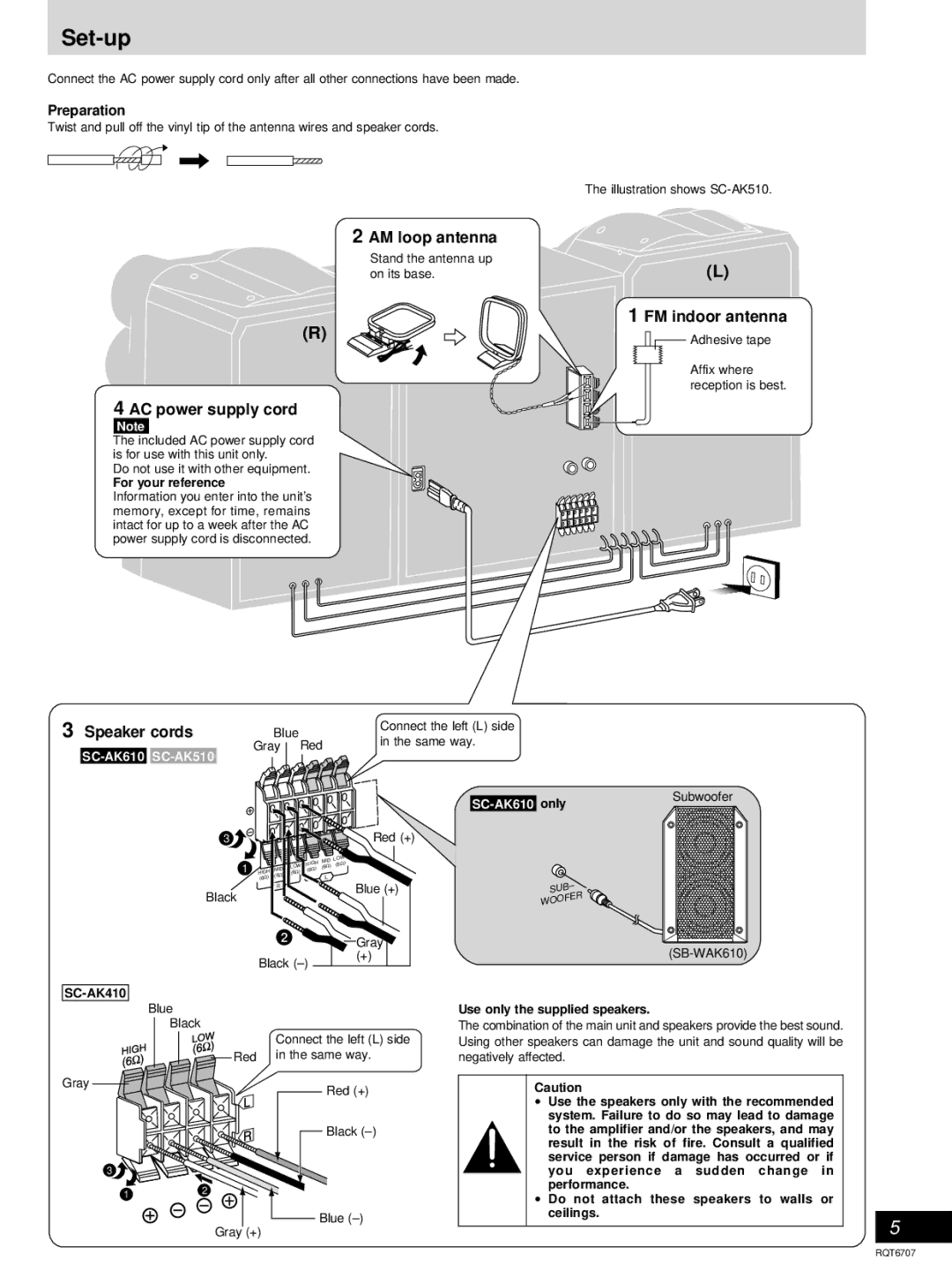 Panasonic SC-AK510, SC-AK410 manual Set-up, Preparation, For your reference, SC-AK610 only, Use only the supplied speakers 