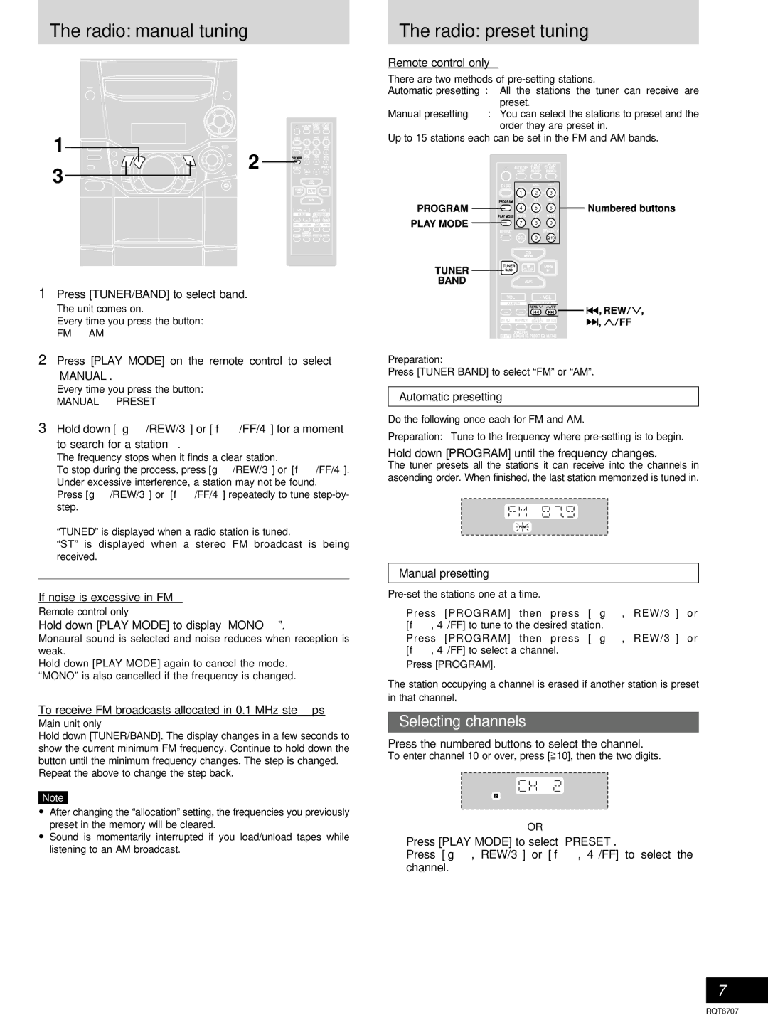 Panasonic SC-AK510, SC-AK410 Radio manual tuning, Radio preset tuning, Selecting channels 