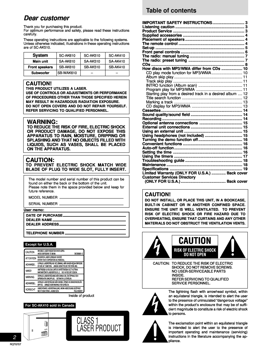 Panasonic SC-AK410, SC-AK510 manual Table of contents, System 