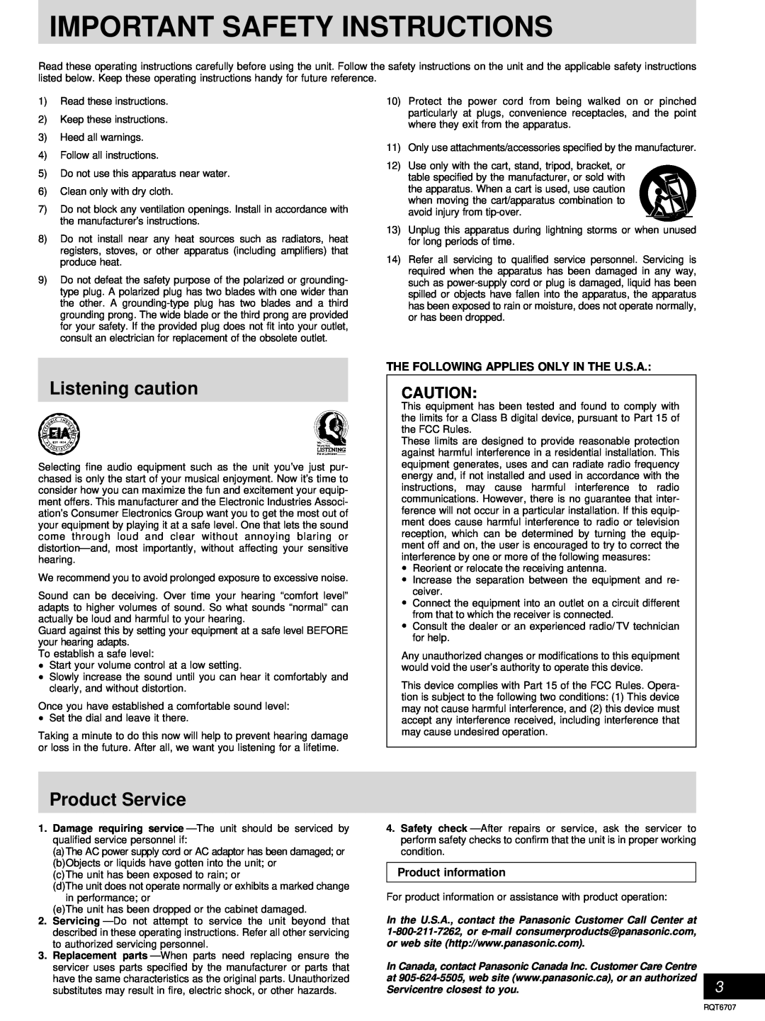 Panasonic SC-AK510, SC-AK410 manual Listening caution, Product Service, Important Safety Instructions 