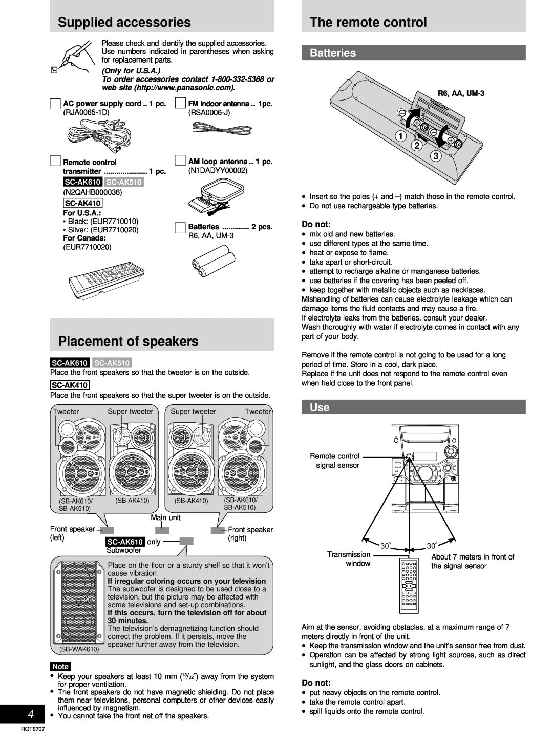 Panasonic SC-AK410 manual Supplied accessories, The remote control, Placement of speakers, Batteries, SC-AK610, SC-AK510 