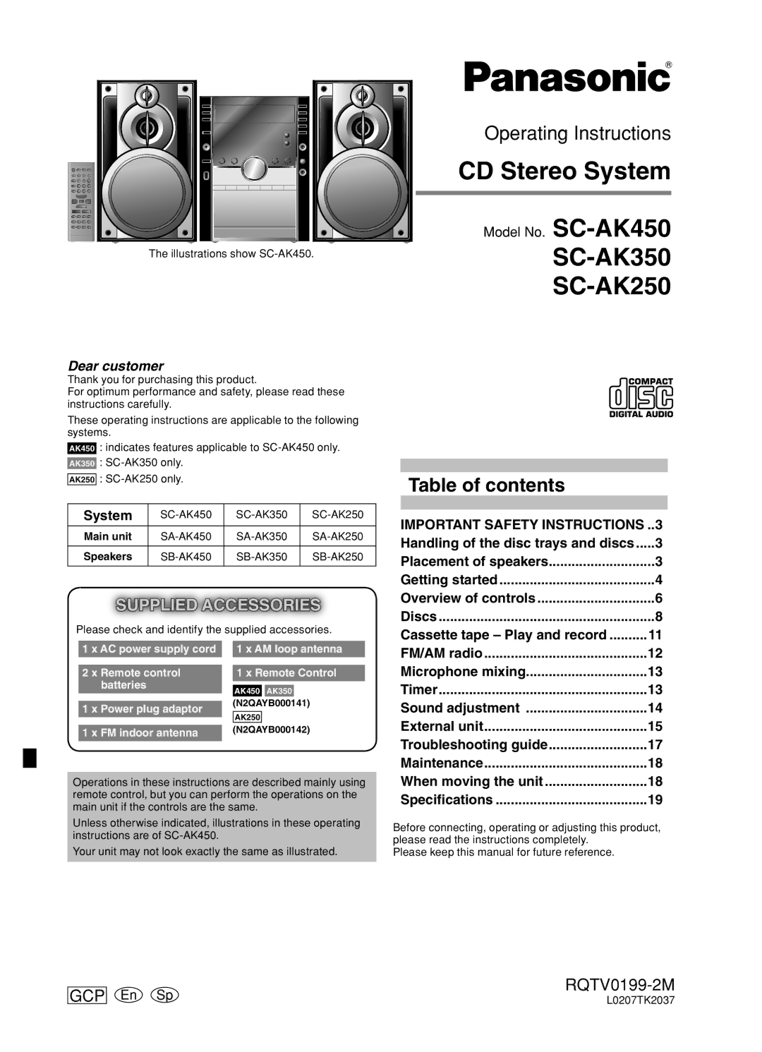 Panasonic SC-AK250, SC-AK450, SC-AK350 important safety instructions CD Stereo System 