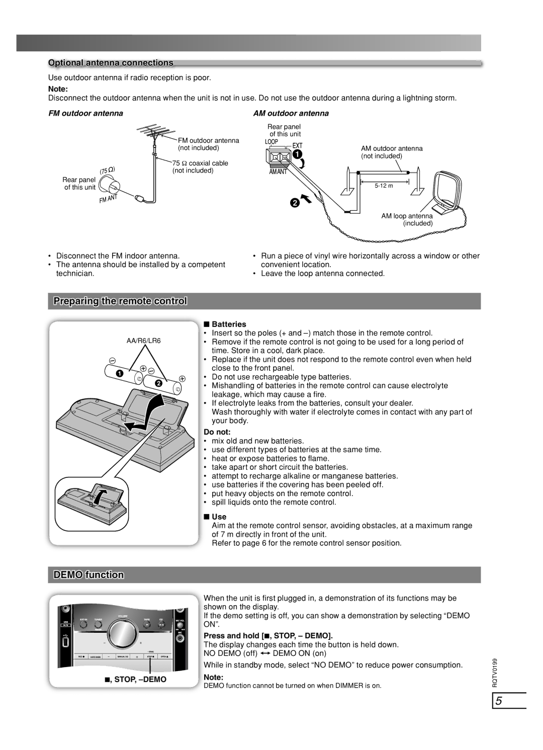 Panasonic SC-AK350, SC-AK450 Preparing the remote control, Demo function, Optional antenna connections, FM outdoor antenna 