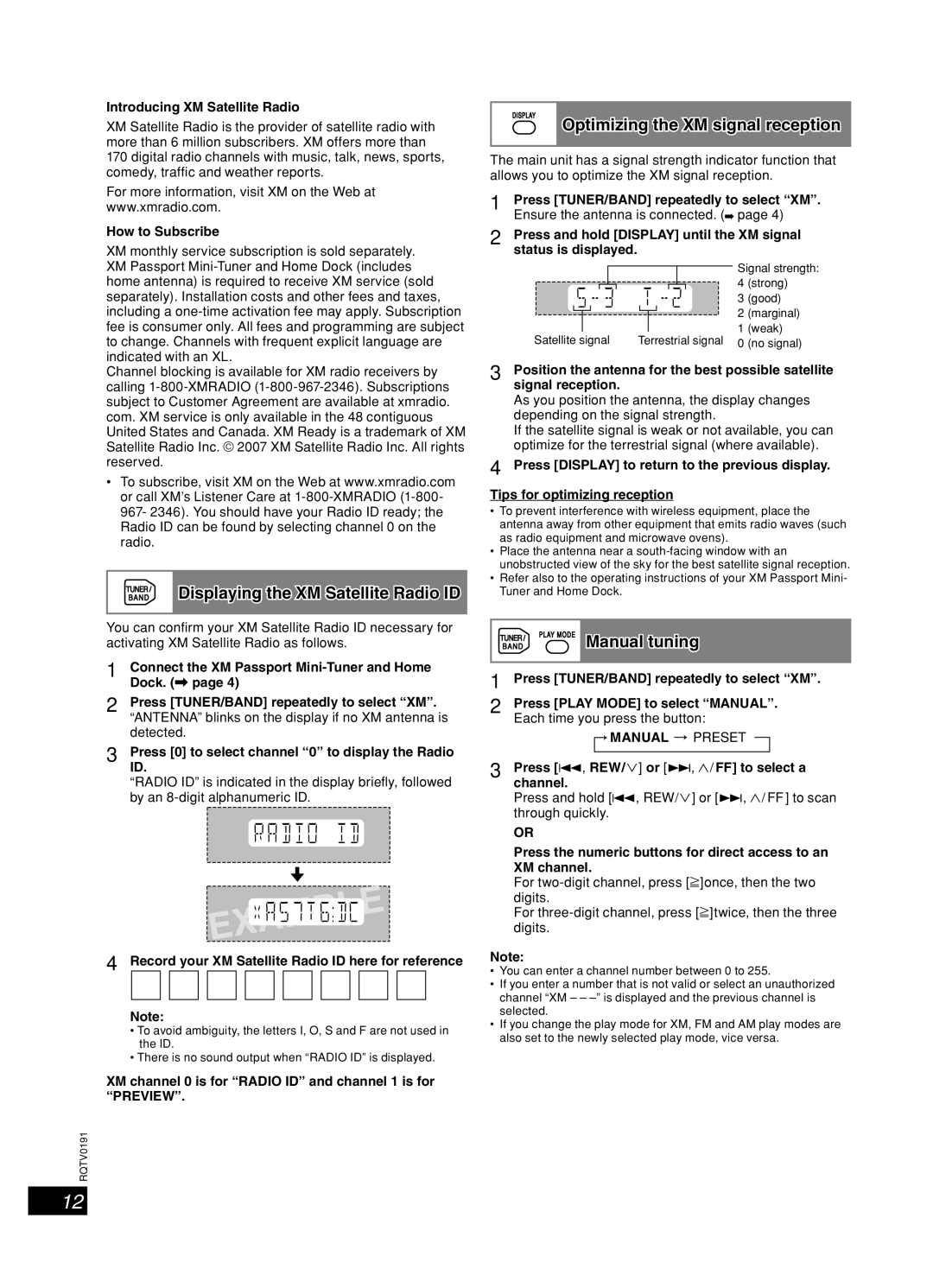 Panasonic SC-AK450 Optimizing the XM signal reception, Displaying the XM Satellite Radio ID, Manual 