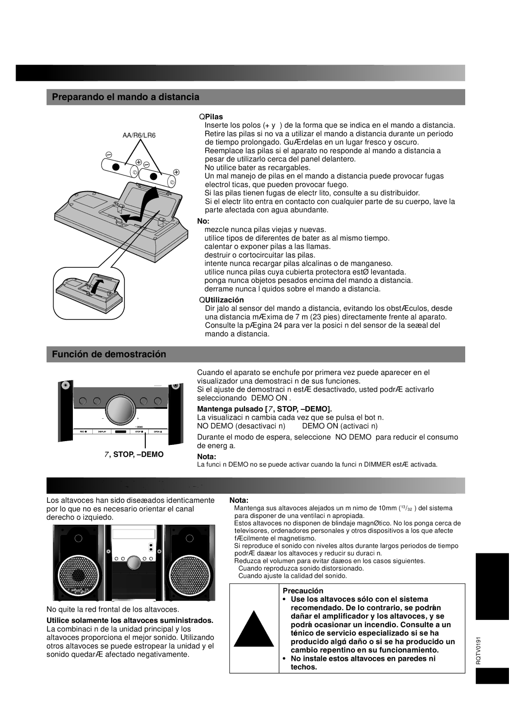 Panasonic SC-AK450 Colocación de los altavoces, Preparando el mando a distancia, Función de demostración 