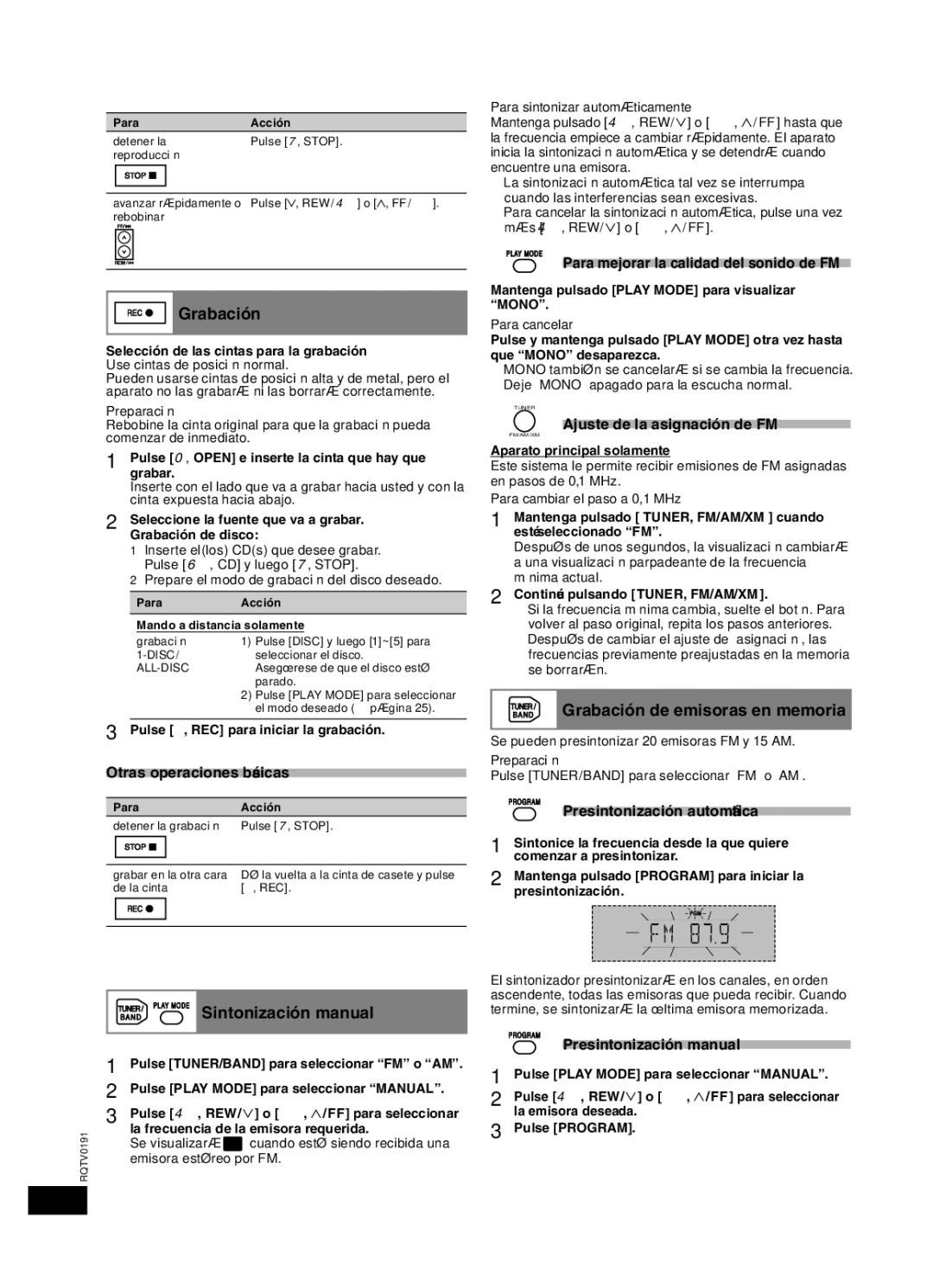 Panasonic SC-AK450 important safety instructions Radio FM/AM, Grabación, Sintonización manual 