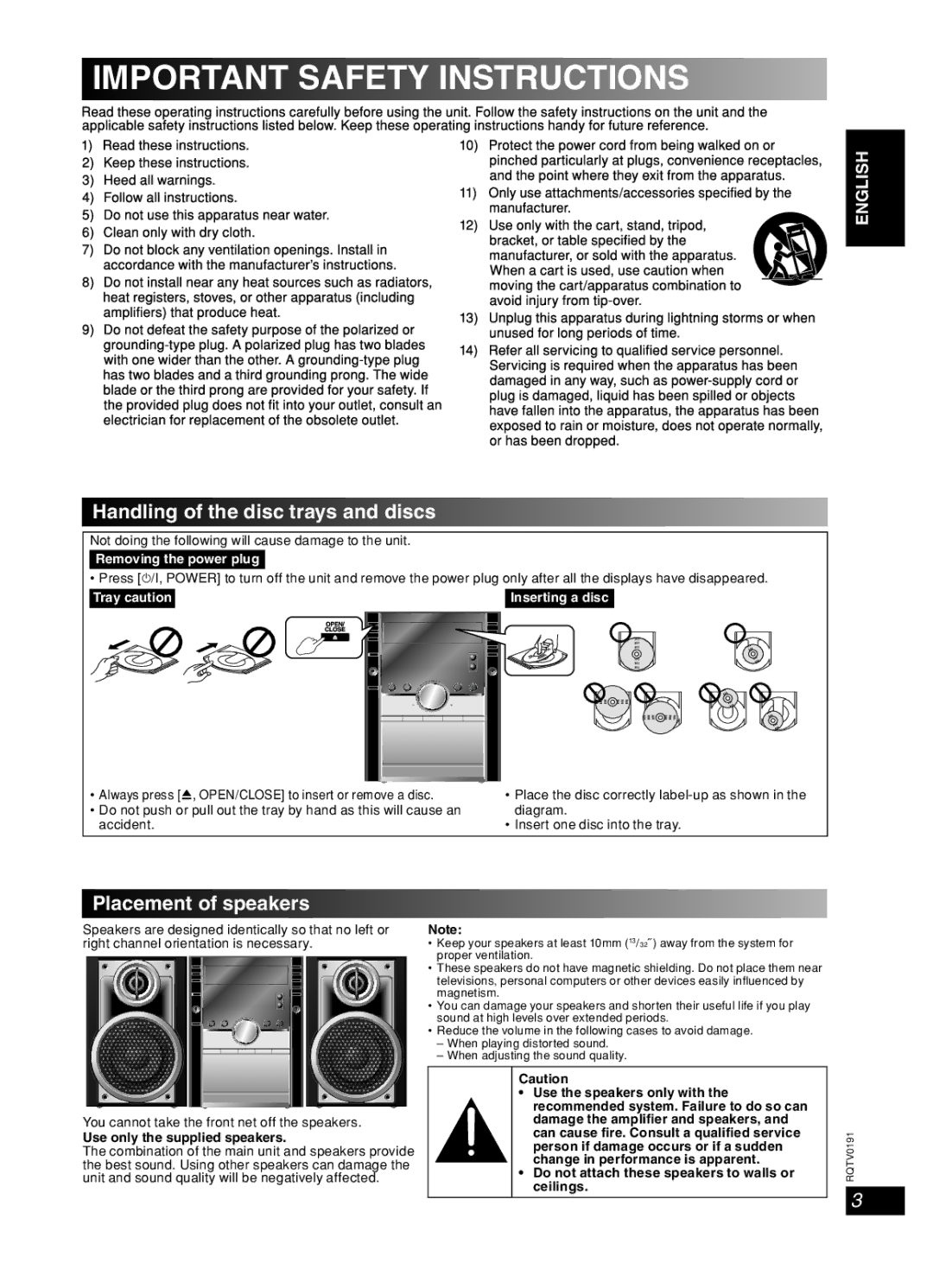 Panasonic SC-AK450 Handling of the disc trays and discs, Placement of speakers, Use only the supplied speakers 