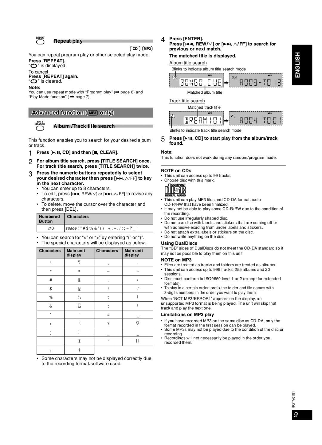 Panasonic SC-AK450 important safety instructions Advanced function only, Repeat play, Album /Track title search, To cancel 