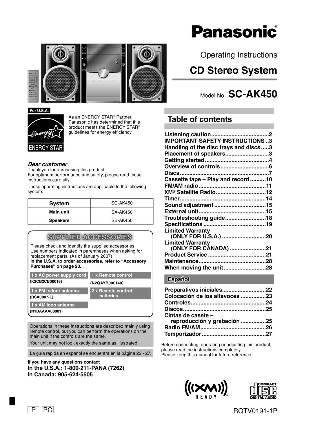 Panasonic SC-AK250 important safety instructions RQTV0199-2M, Important Safety Instructions, CD Stereo System 