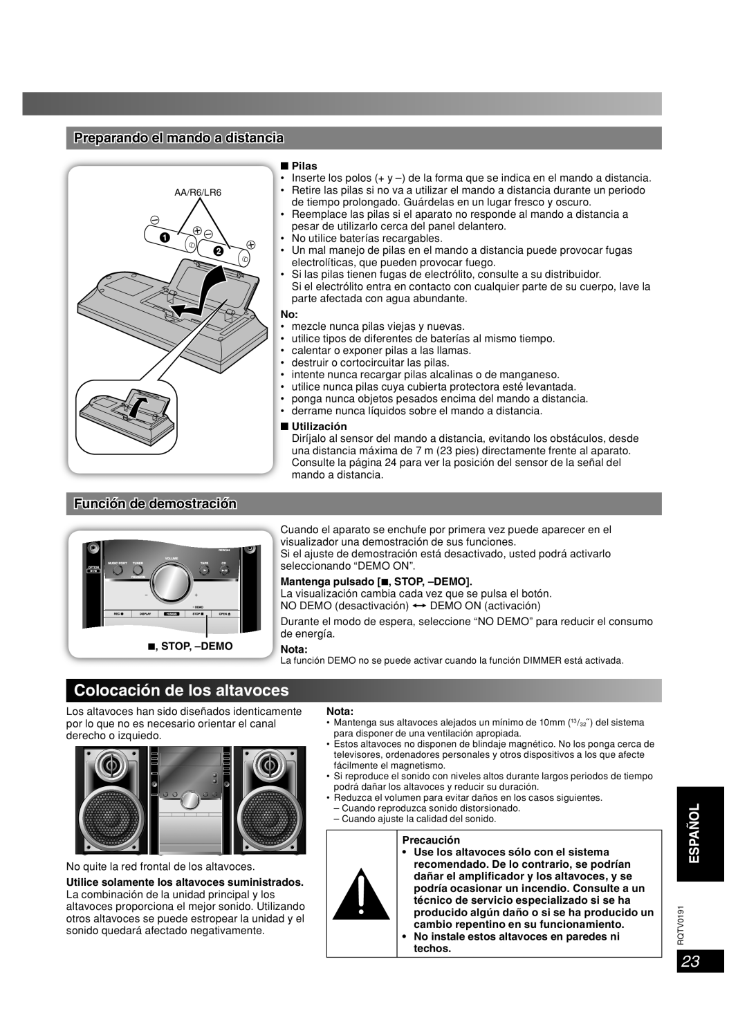 Panasonic SC-AK450 Colocación de los altavoces, Preparando el mando a distancia, Función de demostración, Español, Lang 