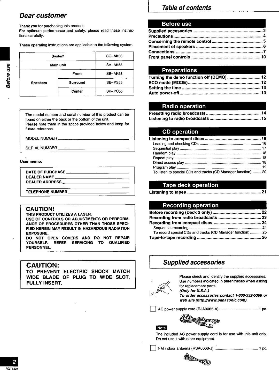 Panasonic SC-AK58 manual 