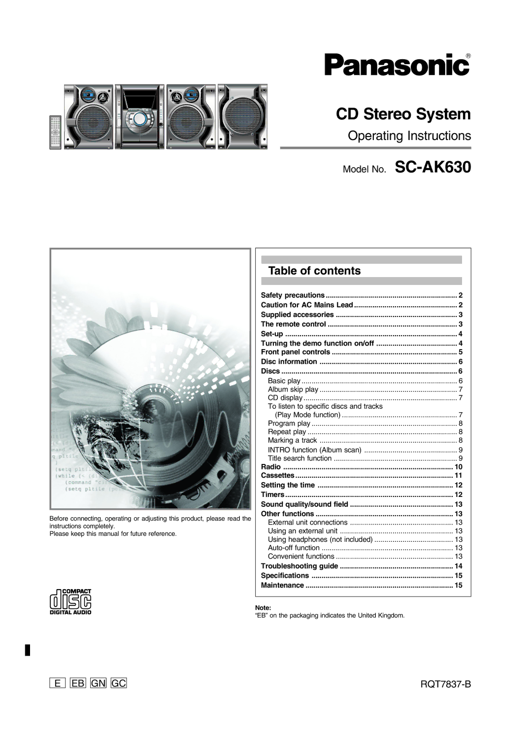 Panasonic SC-AK630 specifications CD Stereo System, Table of contents 