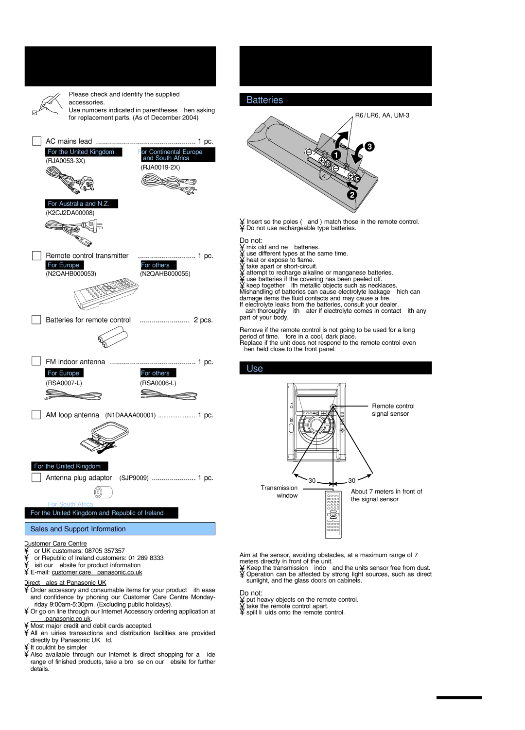 Panasonic SC-AK630 specifications Supplied accessories, Remote control, Batteries 