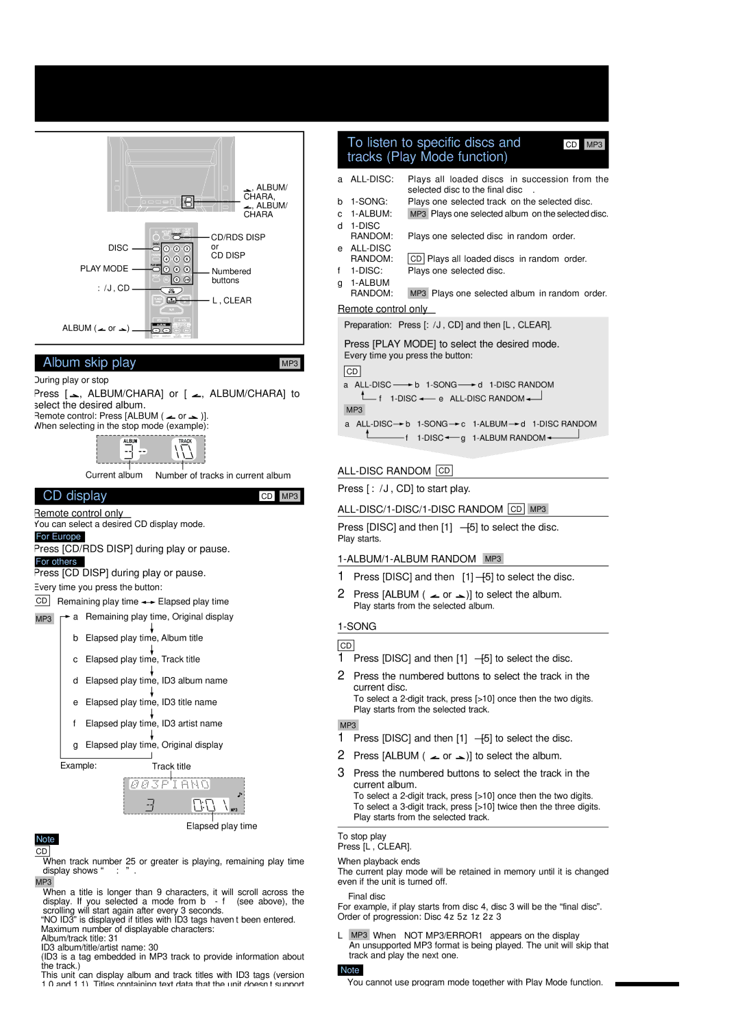 Panasonic SC-AK630 specifications Album skip play, CD display, To listen to specific discs, Tracks Play Mode function 