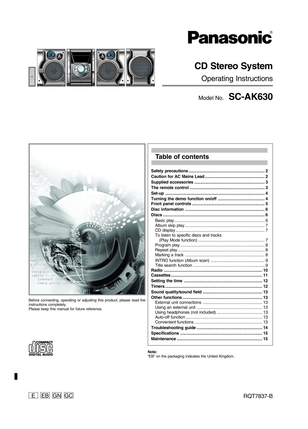 Panasonic specifications Table of contents, Model No. SC-AK630, E Eb Gngc, RQT7837-B, CD Stereo System 