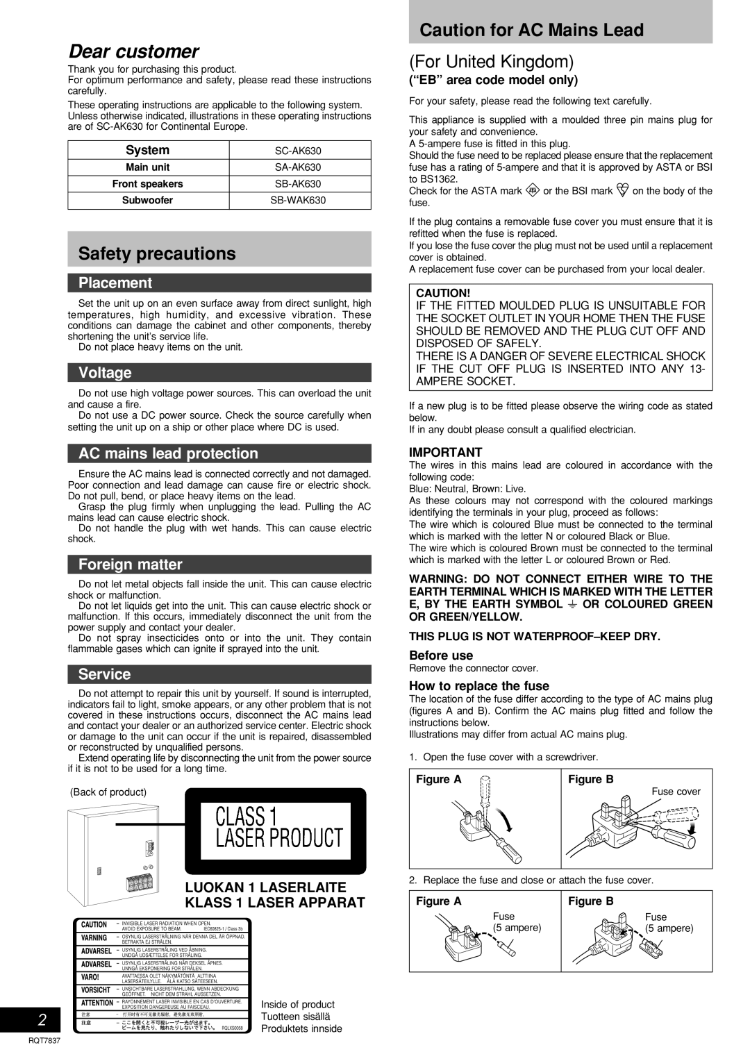 Panasonic SC-AK630 Safety precautions, Caution for AC Mains Lead, Placement, Voltage, AC mains lead protection, Service 