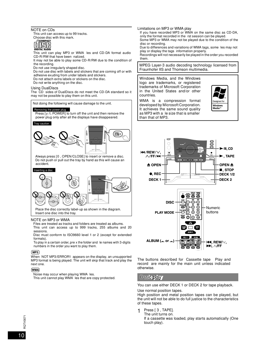 Panasonic SC-AK640 Cassette tape Play and record, Using DualDiscs, Limitations on MP3 or WMA play, Numeric, Press 3, Tape 