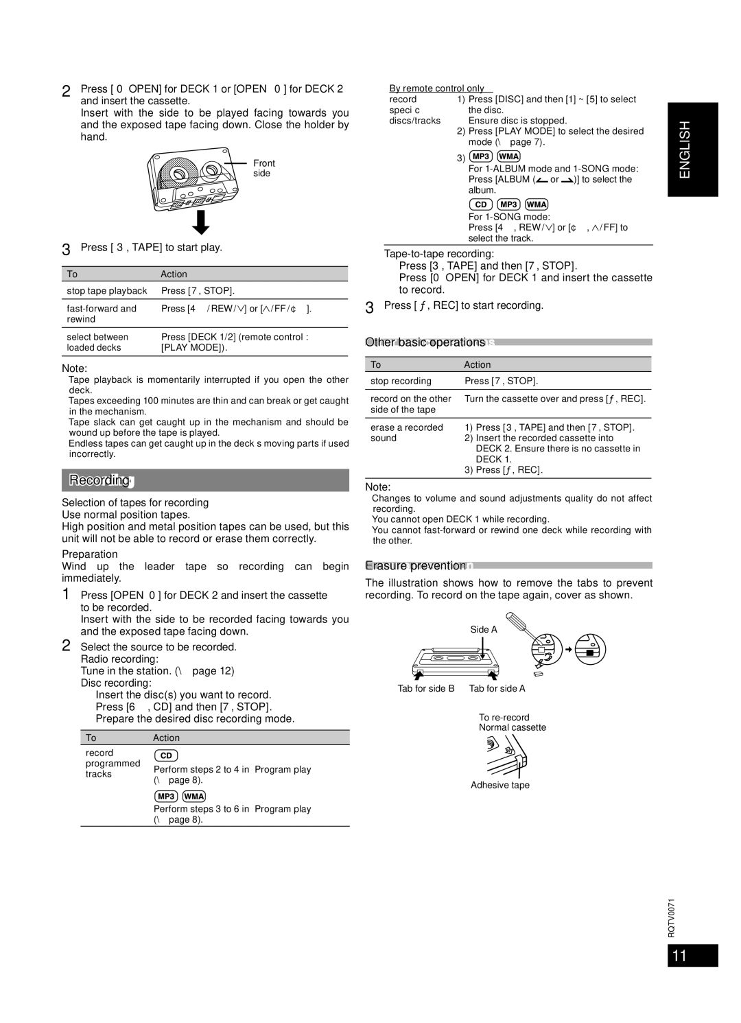 Panasonic SC-AK640 important safety instructions Recording, Other basic operations, Erasure prevention 