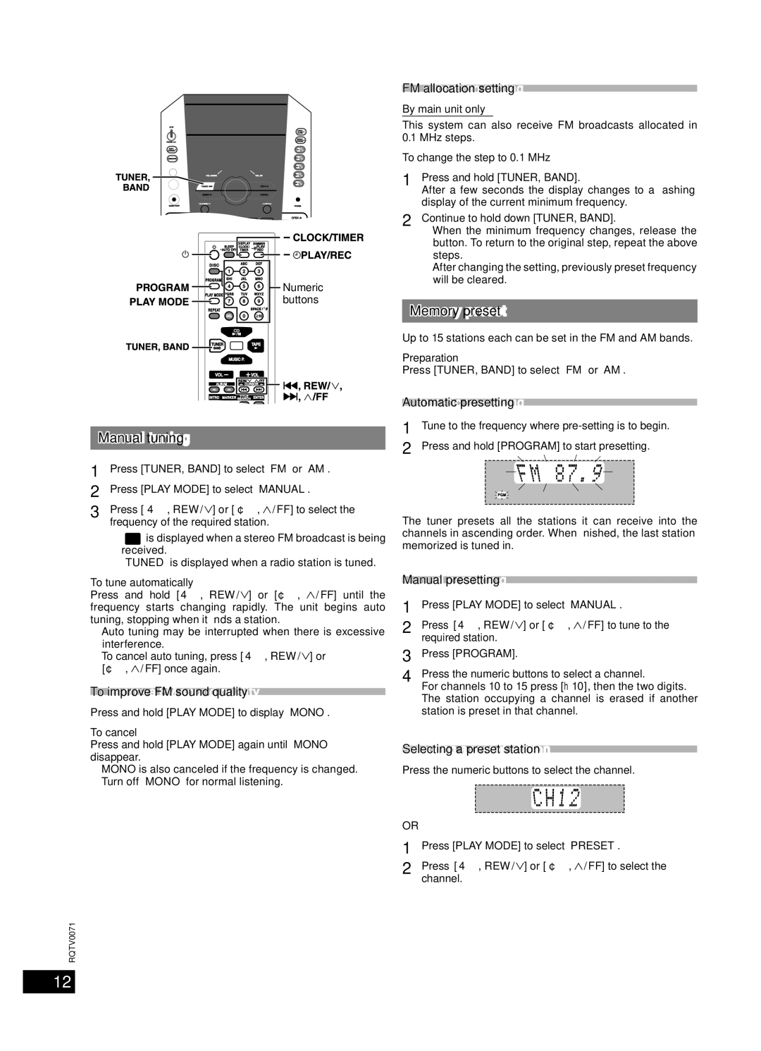 Panasonic SC-AK640 important safety instructions Radio, Manual tuning, Memory preset 