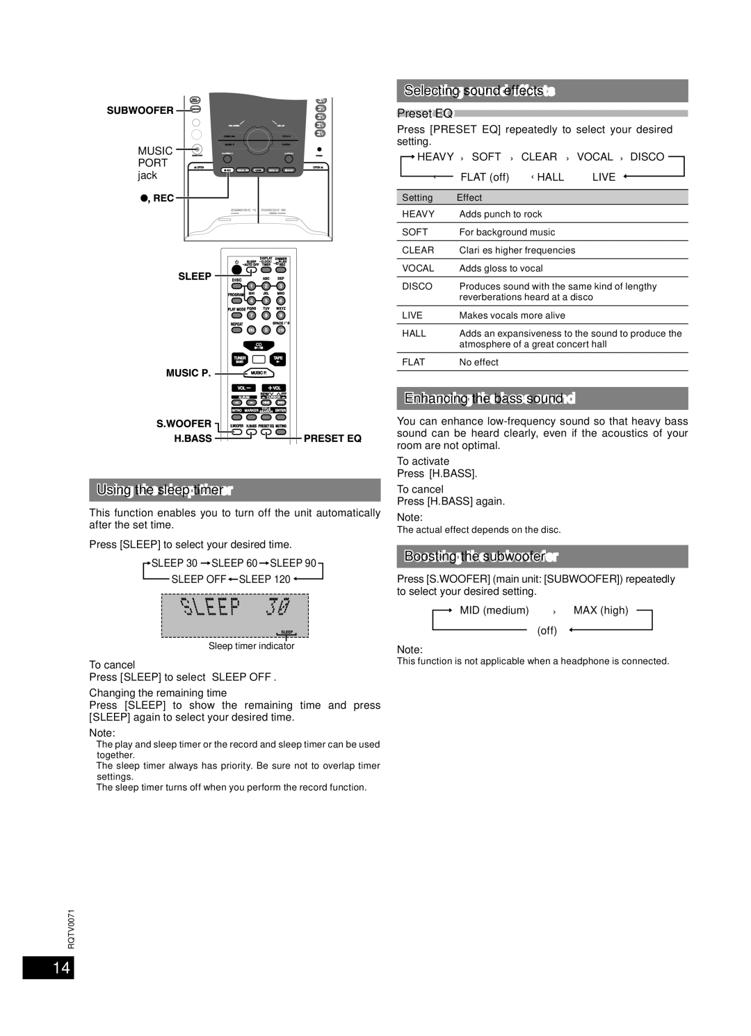 Panasonic SC-AK640 Sound adjustment, Using the sleep timer, Selecting sound effects, Enhancing the bass sound 