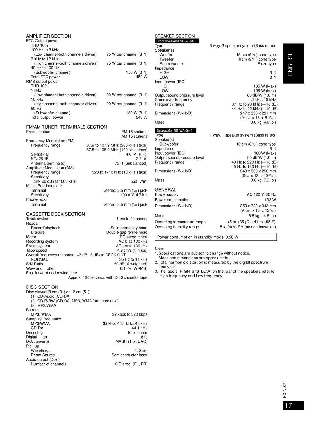 Panasonic SC-AK640 important safety instructions Speciﬁcations 