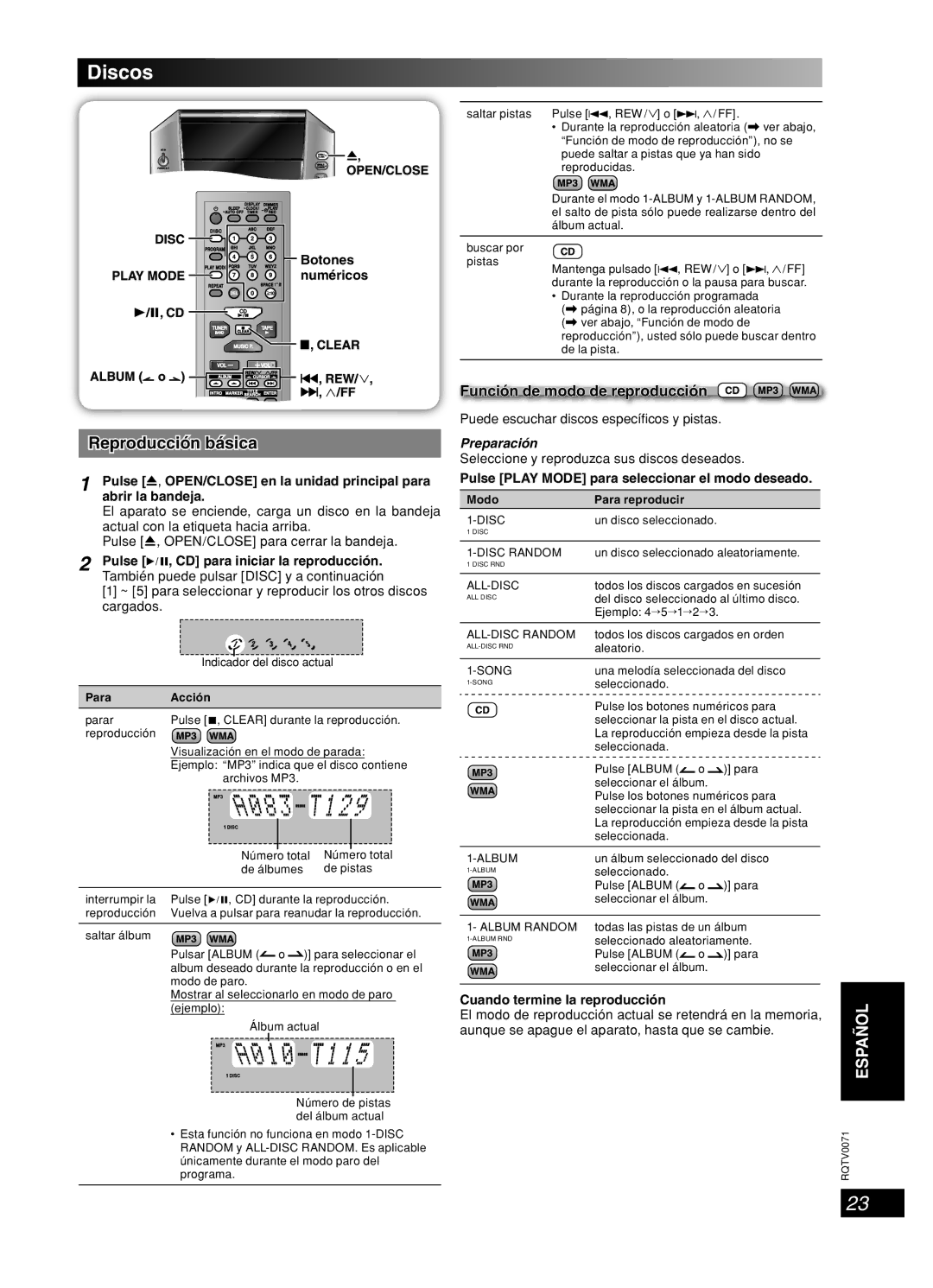 Panasonic SC-AK640 important safety instructions Discos, Reproducción básica, Función de modo de reproducción, Preparación 