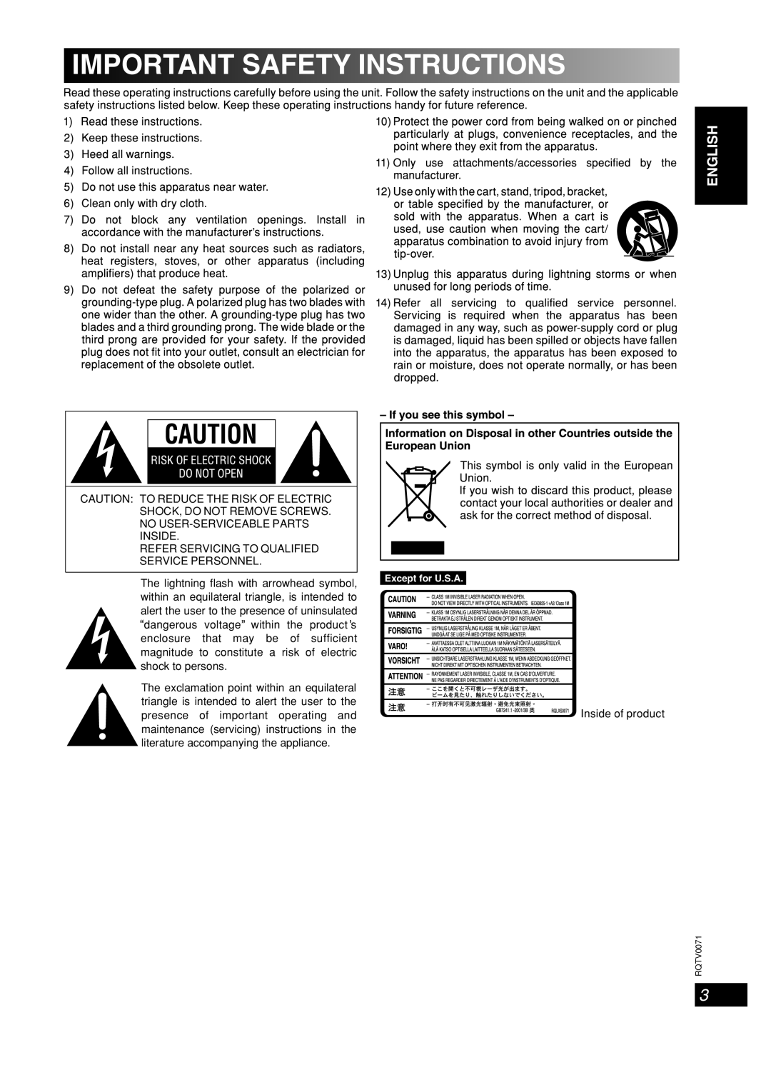 Panasonic SC-AK640 important safety instructions Important Safety Instructions, English Dansk 